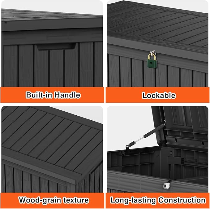 EasyUp 180 Gallon Deck Boxes Waterproof, Outdoor Large Storage Boxes with Lids, Outside Resin Storage Box & Deck Boxes for Patio, Garden Use(Black)