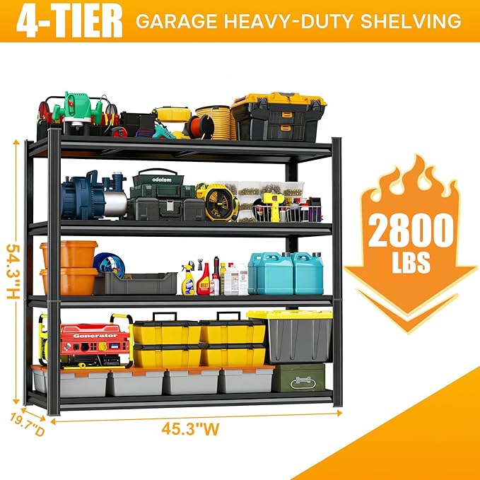 45''W/20''D Garage Shelving Heavy Duty 4-Tier Adjustable Storage Shelves Unit,2800 LBS Metal Utility Rack Shelf for Industries, Warehouses, Basement,Black (54.3''H x 45.3''W x 19.7''D)