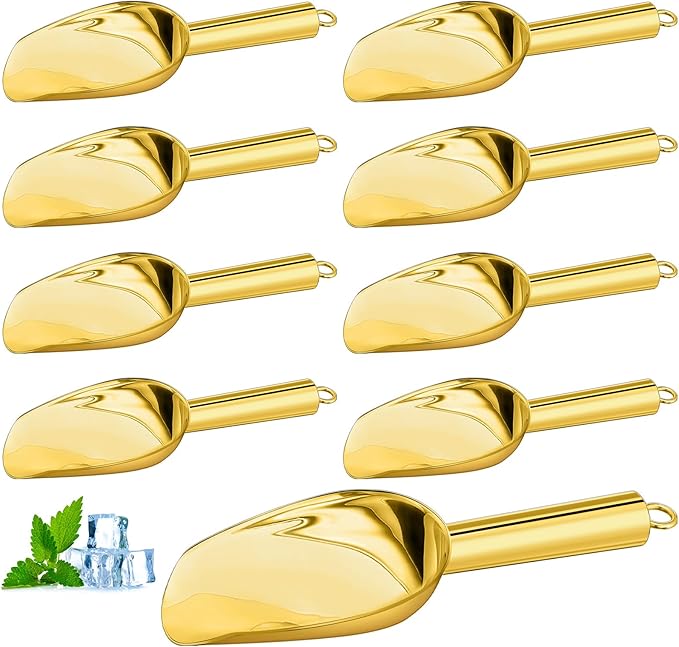 Zhehao 8 Pcs Metal Ice Scoop 6 oz Stainless Steel Ice Scooper for Ice Maker Kitchen Freezer Bar Wedding Party Small Scoops for Pet Animal Dog Food Candy Scoop Beach Shovel (Gold)