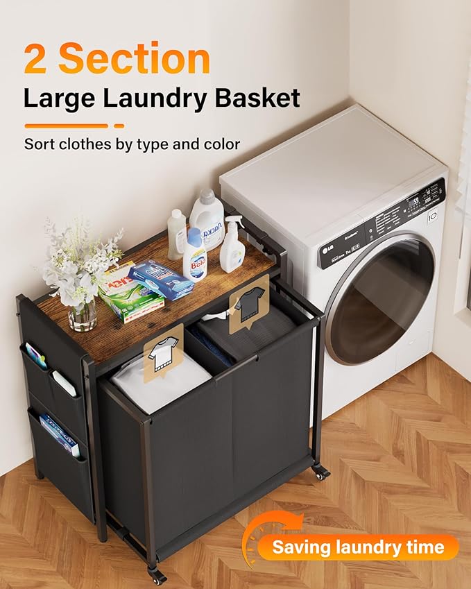 Laundry Hamper Sorter 2 Section 103L: Rolling Laundry Basket Organizer with Wheels & Shelf & Oxford Fabric Bags - Clothes Hamper with Shelf 2 Compartment for Room Organization and Storage