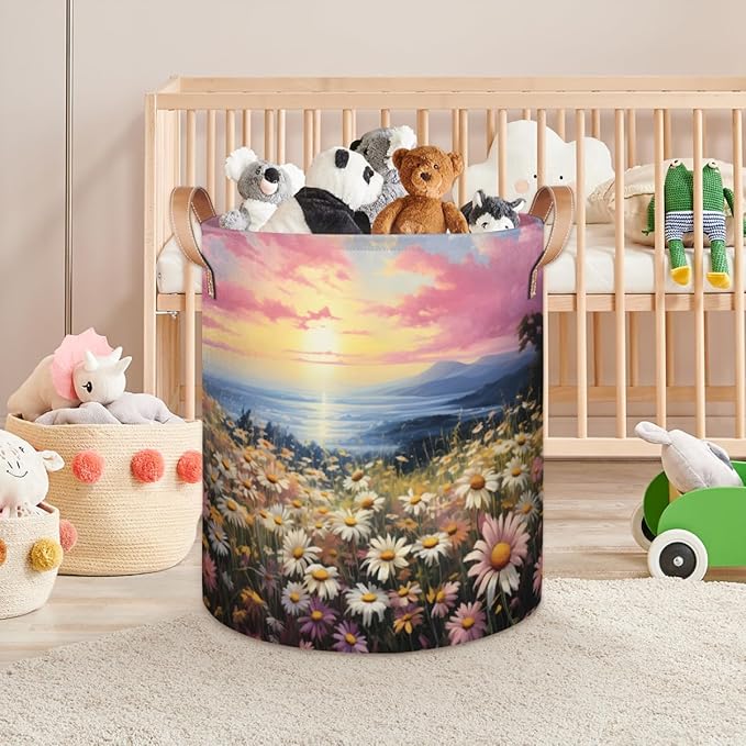 Spring Daisy Floral Collapsible Laundry Basket Large Laundry Hamper Waterproof Foldable Storage Bins Laundry Basket with Leather Handles Clothes Nursery Hampers