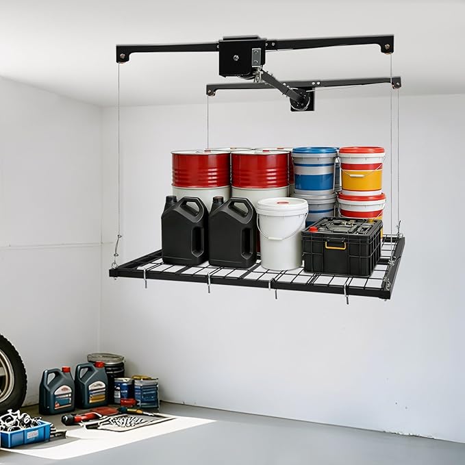 Overhead Garage Storage Rack, 4x4Ft Ceiling Storage Lift 79in Adjustable Height Garage Storage Organization Systerm, Heavy Duty Metal Garages Ceiling Storage Racks, 300lbs Load Capacity (Satin Black)