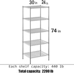 24" Deep x 30" Wide x 74" Height Wire Shelving Kit | 5-Tier | NSF Commercial Storage Rack Unit
