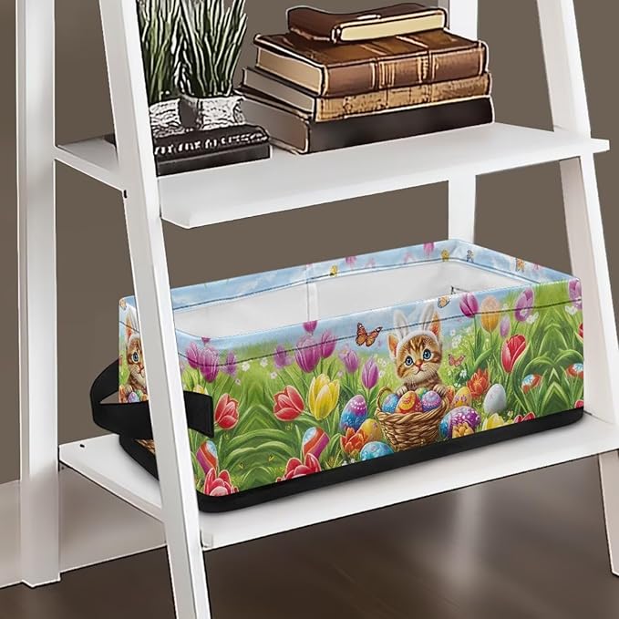 Toilet Paper Storage Basket for Bathroom Organizing, Small Storage Bins Rectangular Narrow Organizer Bathroom Essentials Storage Container, Easter Cat Eggs Tulip Flower Butterfly