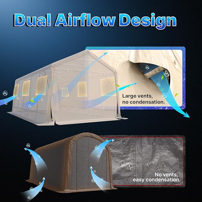 ADVANCE OUTDOOR 13x20 ft Carport 2 Roll up Doors & Vents Outdoor Portable Storage Shelter Garage Tent for Vehicle Boat Truck Anti-UV Snow Resistant Waterproof, Beige