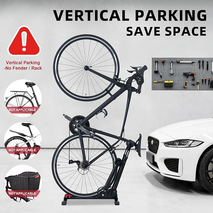 Foldable Vertical & Horizontal Bike Rack - Space-Saving Floor Bike Stand for Garage/Indoor Storage, Tool-Free Assembly Fits 24"-29" Mountain/Road Bikes (66lb Capacity) No Drilling