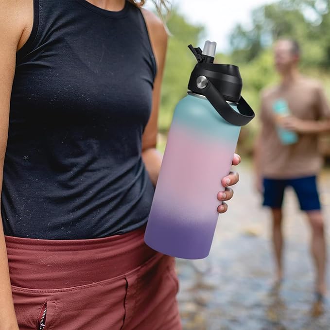32oz Insulated Stainless Steel Water Bottle, Wide Mouth Double Wall Vacuum, Silicone Straw, Sweat & Leak Proof, BPA Free Insulated Water Flask for Travel, Keep Cold 24h Hot 12h, Pink