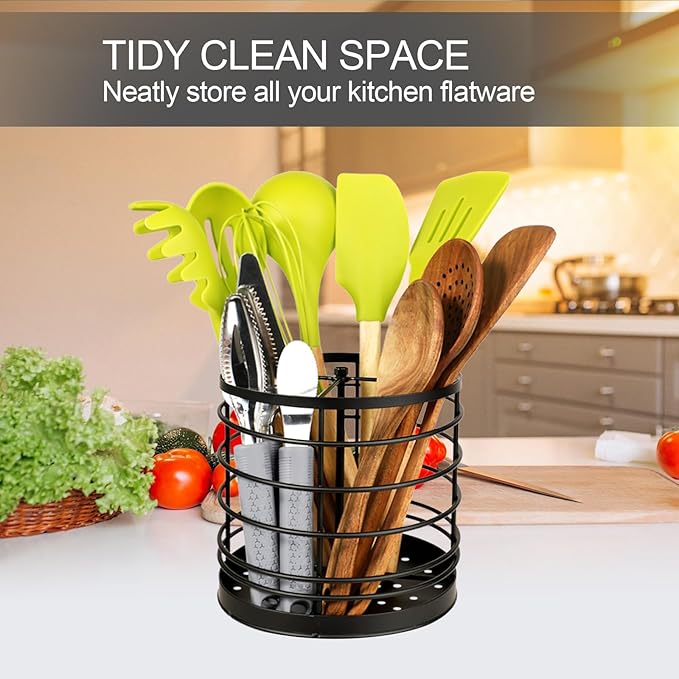 KOLUTI 360° Rotating Kitchen Utensil Holder Organizer, 7.2" x 7" Extra Large Cooking Tool Storage Round Caddy, Weighted Base with Drain Hole, Wire Metal Flatware Crock for Countertop, Paint Black