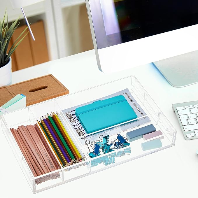 1 Pcs Acrylic Desk Drawer Organizer 9'' up to 18'' x 15'' x 2.1'' Expandable Drawer Organizer Trays with 7 Adjustable Compartments Clear Desk Accessories for Makeup Office Bathroom