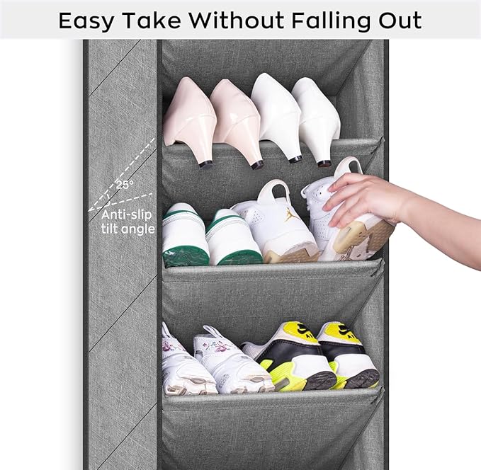 SLEEPING LAMB Over The Door Shoe Organizer for Closet with Large Deep Pockets, Narrow Shoe Rack for Door Hanging Boots Storage, Grey