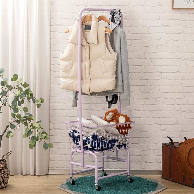ALIMORDEN Laundry Cart with Clothes Rack, Rolling Laundry Butler with Wire Storage Rack，Purple