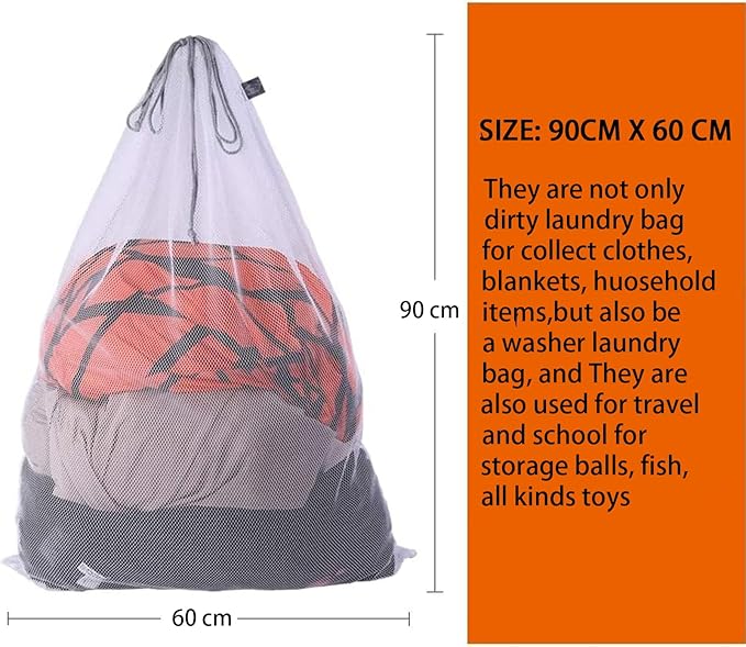 Kimmama XL Large Mesh Laundry, Heavy Duty Big Hole Coarse Mesh Bag with Drawstring Strap,24 x 36" White Travel Storage Bag for Clothes,Camping,Laundromat,Dorm,College,Carrying