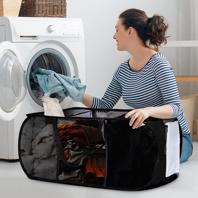 Foldable Laundry Baskets, Collapsible Mesh Laundry Hamper, Durable Pop Up Laundry Basket, 3 Compartments Clothes Hampers for Laundry, Easy to Carry & Sort for Dorm, Home, Kids Room, Travel Black