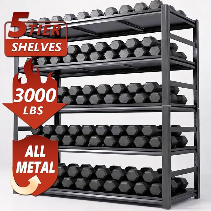 Adjustable 5-Tier Garage Shelving, Heavy Duty Steel Storage Rack, High Load Capacity, Ideal for Garage, Warehouse, or Home Organization (5-Tier 63" H x 45" W x 18" D)