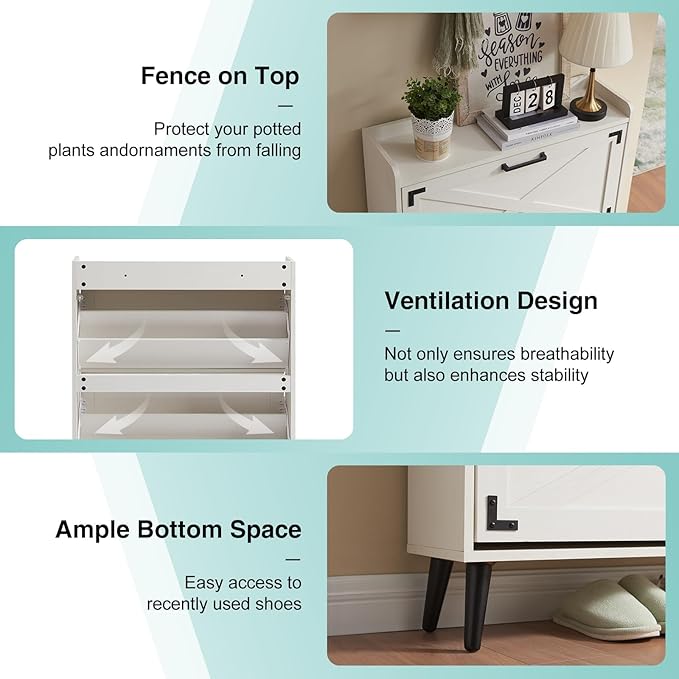 Shoe Storage Cabinet,Farmhouse Shoe Organizer with 2 Flip Drawers & Barn Door Design,Freestanding Hidden Slim Narrow Shoe Rack Cabinet for Entryway,Foyer,Hallway,Antique White