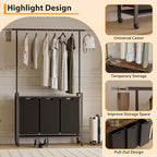 Laundry Sorter Cart with Extendable Hanging Rod, Compact 3 Section Laundry Hamper On Wheels for Apartments, Rolling Laundry Organizer, Dirty Cloth Hamper for Bathroom Laundry