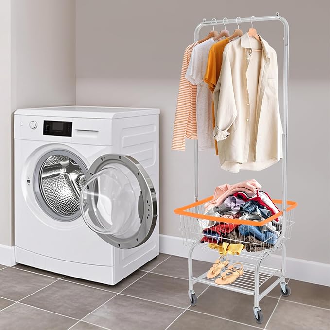 70"H Laundry Cart, Rolling Laundry Basket with Hanging Rack & Wheels, Metal Steel Wire Clothes Hamper with Storage Shelf for Homes, Hotels, Bathrooms & Commercial Laundry, 110lbs Capacity (C)