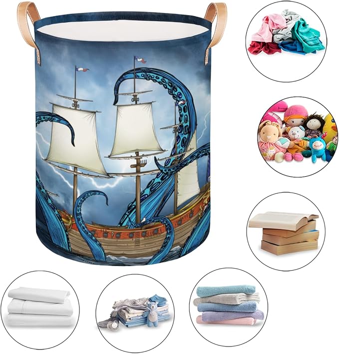 Sea Monster Octopus Collapsible Laundry Basket Large Laundry Hamper Waterproof Storage Bins with Leather Handles Clothes Nursery Hampers for Bathroom Bedroom Toy Organizer, Nautical Theme