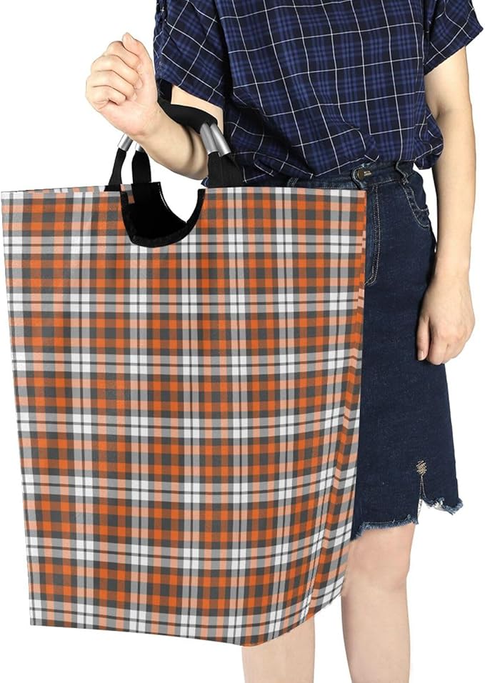 Orange Plaid Laundry Basket for College Dorm,50L Collapsible Portable Laundry Hamper Storage Basket for Toys Clothes Organizer