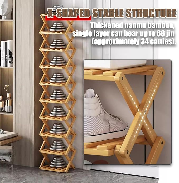 The 9-Tier No-Assembly Bamboo Rack, Foldable Space-Saving Organizer for Shoes, No Assembly Narrow Shoe Shelf for Entryway Closet Dorm (Brown, 4)