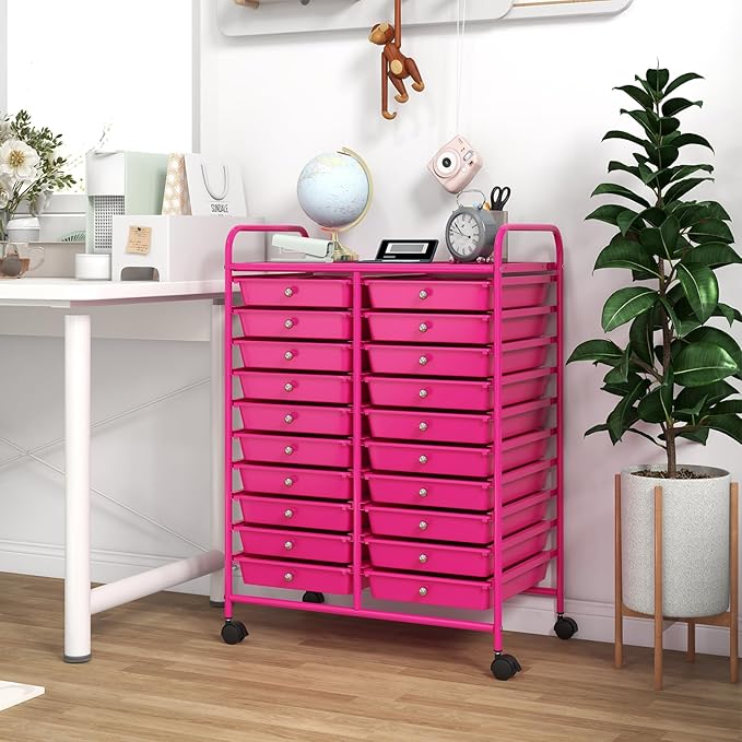 GOFLAME 20-Drawer Rolling Storage Cart, Multifunctional Art Craft Organizer Cart, Mobile Utility Storage Cart with Removable Drawers & Lockable Wheels, Craft Cart for Home Office, Hot Pink