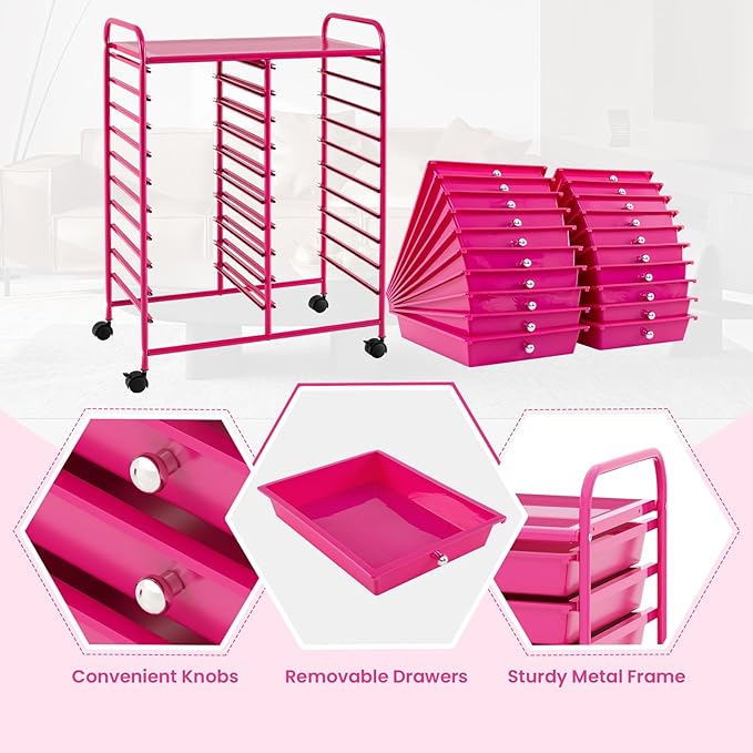 GOFLAME 20-Drawer Rolling Storage Cart, Multifunctional Art Craft Organizer Cart, Mobile Utility Storage Cart with Removable Drawers & Lockable Wheels, Craft Cart for Home Office, Hot Pink