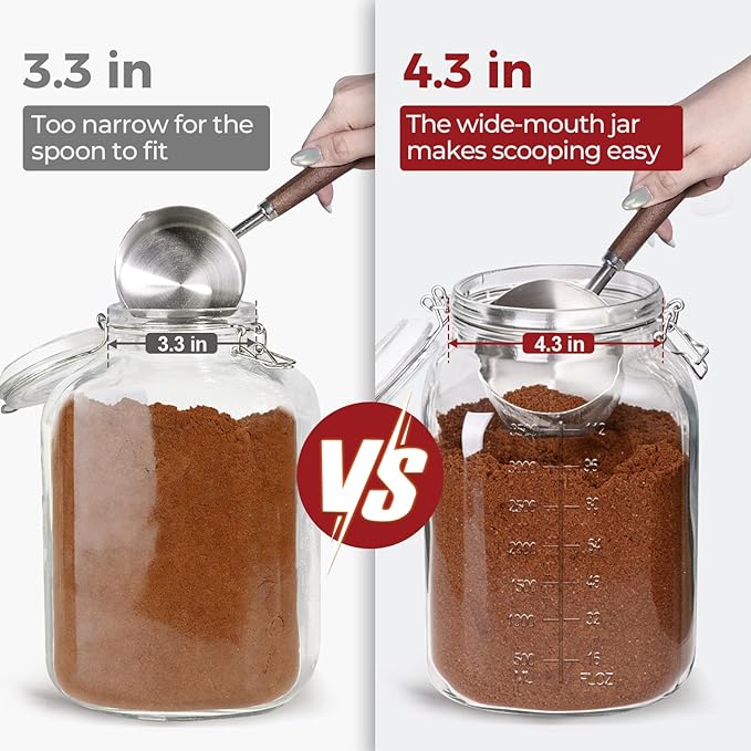 1.1 Gallon Wide Mouth Glass Canisters with Airtight Lids & Measurement Marks (2-Pack) – Includes 2 Measuring Scoops & Labels, Food Storage Jars for Flour, Sugar & Baking Supplies | BPA-Free