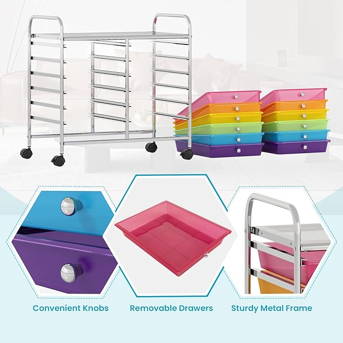 GOFLAME 12-Drawer Rolling Storage Cart, Multifunctional Art Craft Organizer Cart, Mobile Utility Storage Cart with Removable Drawers & Lockable Wheels, Craft Cart for Home Office School, Rainbow