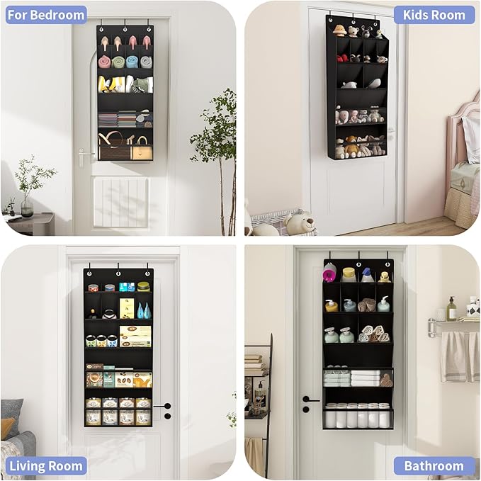 FENTEC 2 Pack Over the Door Shoe Organizer, Hanging Shoe Organizers with Large Pockets Shoe Holder Hanging Shoe Rack for Closet Shoe Organizer for Wall, Over Door Organizer with 30 Pockets, Black