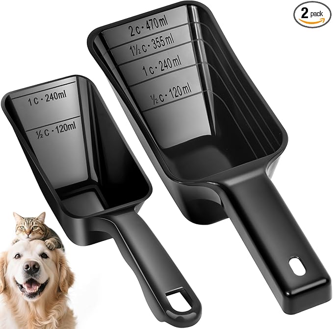 2 Pack Dog Food Scoop with 1 Cup and 2 Cup Capacity, Plastic Pet Food Measuring Scoops with Clear Measurement Lines for Dogs, Cats & More,Dishwasher safe (Black)
