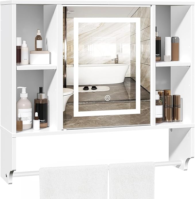 Bathroom Wall Cabinet with Mirror, Wall Mounted Medicine Cabinet with Color Adjustment LED Lights, Mirrored Over The Toilet Storage Cabinet with Adjustable Shelves, 23.6''W x 21.6''H, White