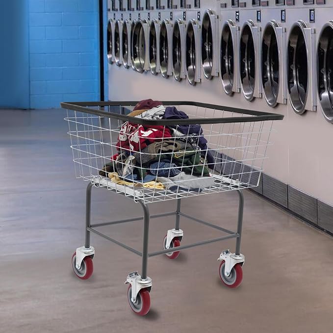 Heavy-Duty Wire Laundry Cart, 1.8 Bushel Rolling Laundry Basket with Wheels, Metal Commercial Wire Laundries Basket Cart for Clothes Storage and Organization (20 * 15.7 * 26in)