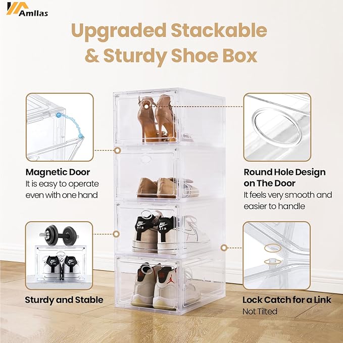 12 Pack Clear Shoe Boxes Stackable,Shoe Storage Boxes for Closet,Sturdy Shoe Box Storage Containers with Clear Door,Sneaker Storage,Easy to Assemble,Fit up to US Size 12(13.8”x 9.84”x 7.1”)