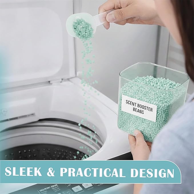 4 packs Laundry Pod Containers for Storage & Organization, Solution featuring Powder Laundry Detergent Container & dryer sheets with bamboo lids and labels. Includes scoops for powder and detergent.