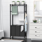 Rolling Laundry Basket Organizer with Wheels and Hanging Bar, Laundry Hamper Cart Laundry Sorter 3 Section, Dirty Clothes Hampers for Laundry Bedroom Bathroom w/ 3 Removable Bags, Black