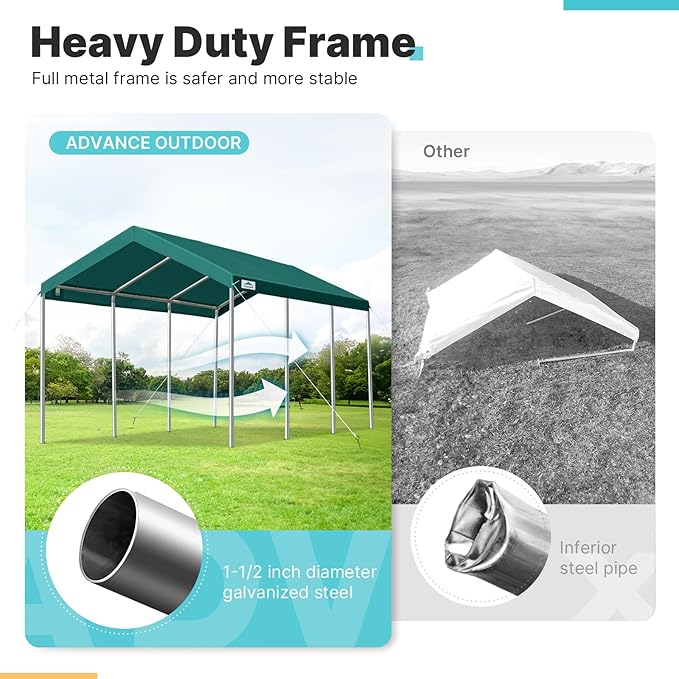 ADVANCE OUTDOOR 10x20 ft Heavy Duty Carport, Adjustable Height Garage Car Canopy Party Tent Boat Shelter, Green