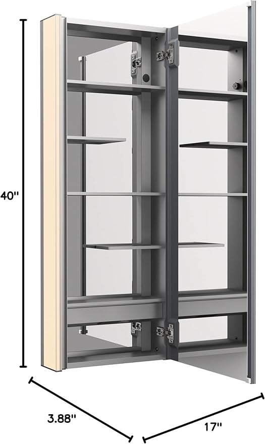 Kohler 81147-SLE-DA1 Maxstow Frameless Medicine Cabinet Mirror with Lights, LED Light, Mirror Door & Staggered Shelves, Rectangular Frame, 17 in. W x 40 in. H