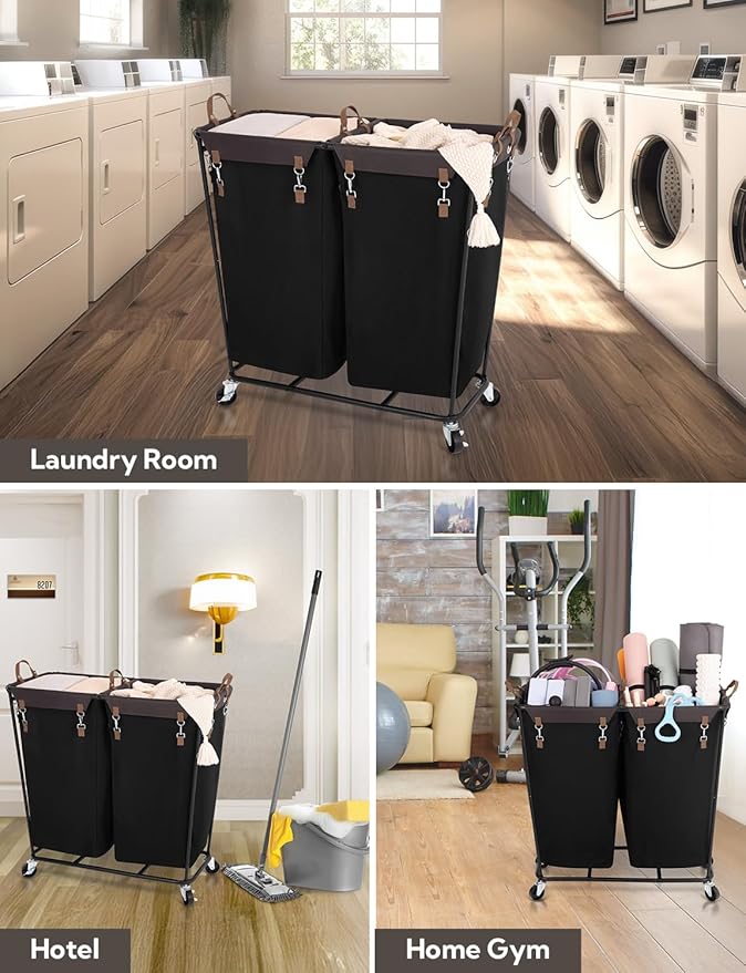 StorageWorks 390L Extra Large Laundry Hamper with Wheels, Laundry Basket with Wheels 2 Sections, Clothes Sorter Cart with Divider for Hotel, Home, Black, 1-Pack