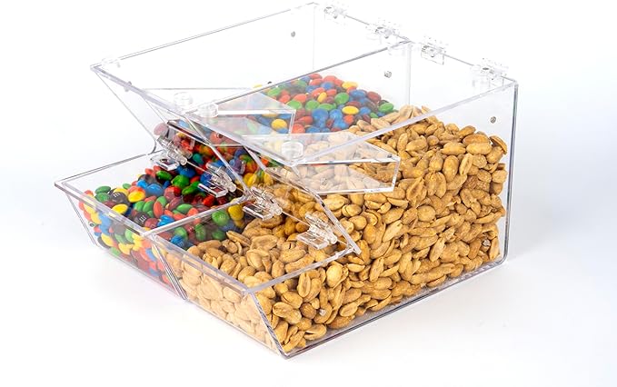 Candy Bin Topping Dispenser - Acrylic Bulk Sprinkle Container w/Scoop, Stackable & Magnetic for Multiple Holders on Shelf - Commercial Setting for Cereal, Nuts, Candies & Snack Food Storage