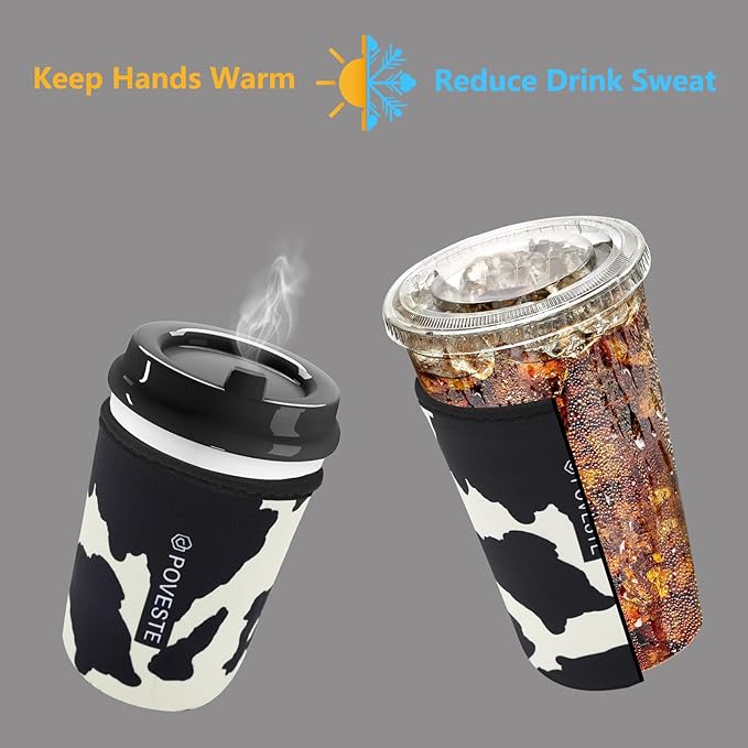 Reusable Neoprene Insulator Sleeve for Iced Coffee & Cold Soda, Coffee Sleeves for Iced & Hot Drinks, Cold Beverage Cooler Compatible with Starbucks, Dunkin (Cow Print, Small: 16-18oz)