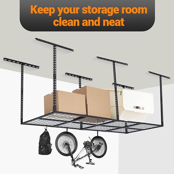PeakPursuit 3x8FT Overhead Garage Storage Rack, 600LB Capacity Heavy Duty Ceiling Storage Racks, 22-40" Height Adjustable Metal Organizer System for Seasonal Items & Tools