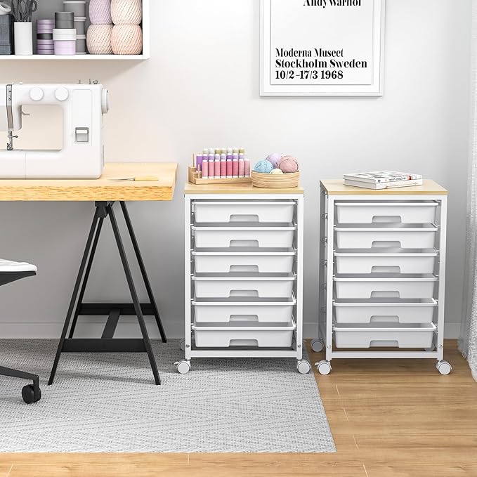 Rolling Cart with Drawers,Utility Cart with 6 Drawers,Rolling Storage Cart with Drawers and Wooden Tabletop & Lockable Wheel,White