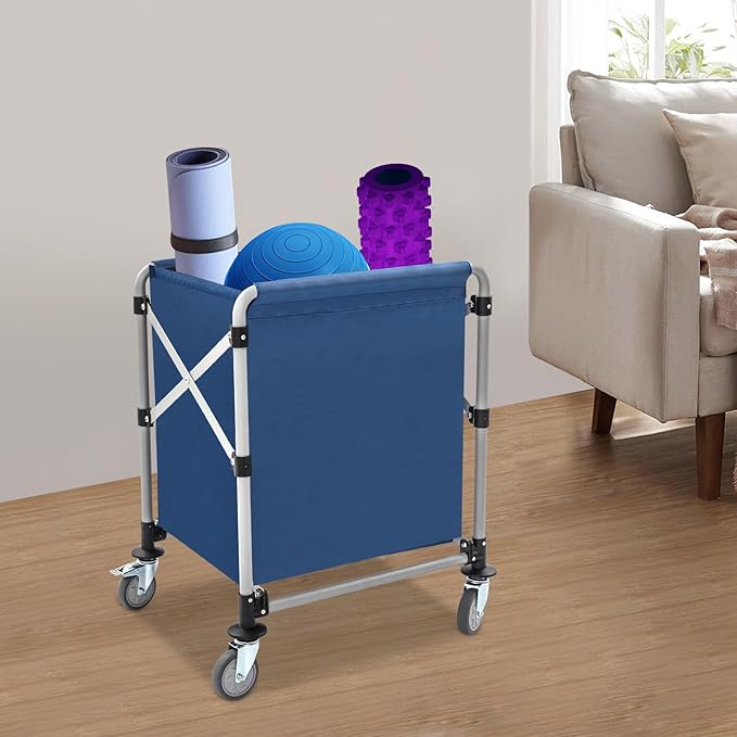 Commercial Laundry Cart with Wheels, 220LBS Capacity Heavy Duty Rolling Laundry Sorter with Steel Frame and Waterproof Oxford Cloth, Folding Laundry Hamper with Removable Bag for Home & Hotel (Blue)