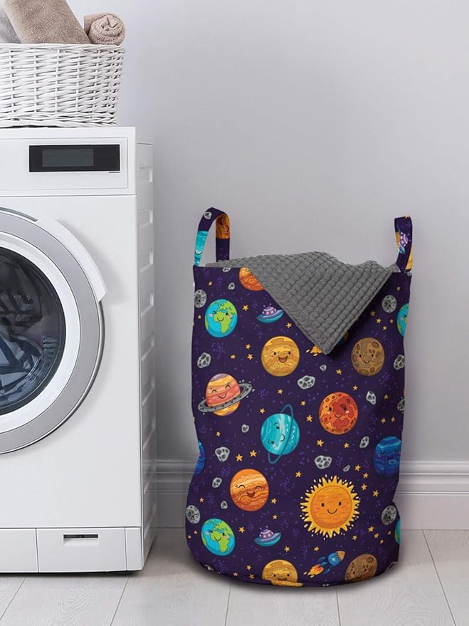 Ambesonne Space Laundry Bag, Cheerful Planets as Sun Mercury Venus Earth Jupiter Mars with Alien Spaceships, Hamper Basket with Handles Drawstring Closure for Laundromats, 13" x 19", Purple Mustard