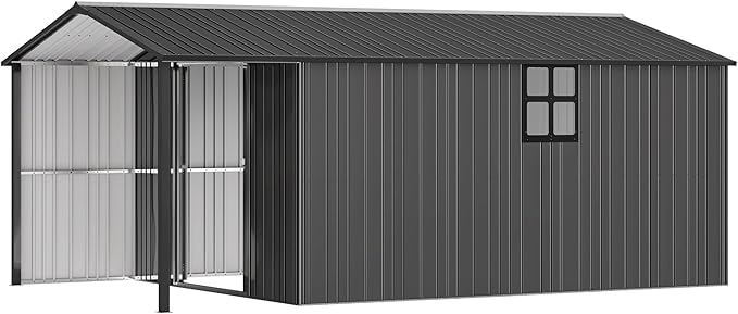 AMERLIFE 10x16.6x7.3 FT Outdoor Storage Shed with Lounge Area, Metal Shed with Sliding Doors, 2 4-Pane Windows & 4 Vents, Heavy-Duty Weather-Resistant Steel for Backyard & Garden, Dark Gray