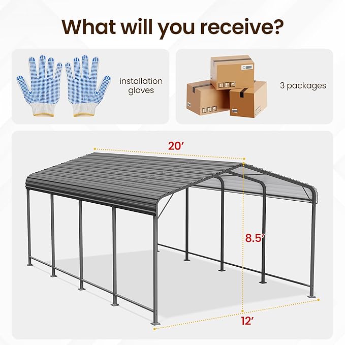 12x20FT Metal Carport, 335LBS Heavy Duty Carport Canopy with Galvanized Steel Roof, 40% Thicker Frame Metal Garage with Reinforced Base, All-Weather Outdoor Storage Car Port for Car, Camping