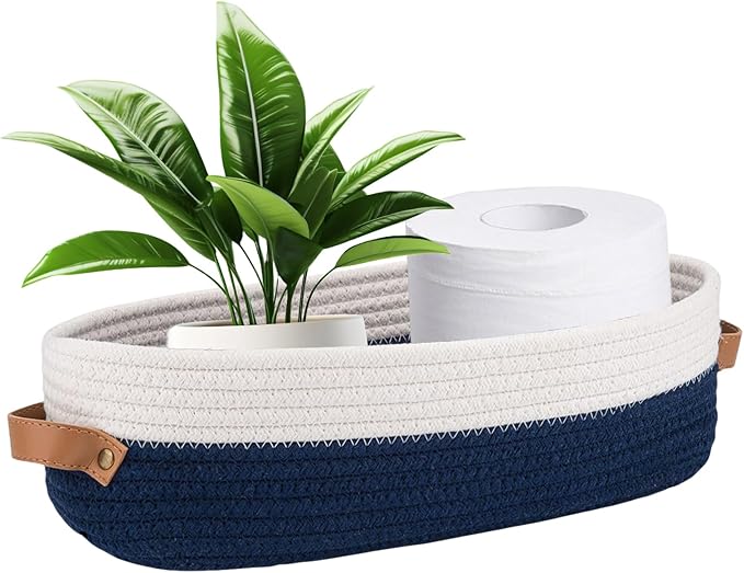 1 Pack Small Woven Storage Basket for Toilet Tank Top, Bathroom Countertop Organizer Cotton Rope Toilet Paper Storage Decorative Basket 13"x6"x4"(Navy/White)