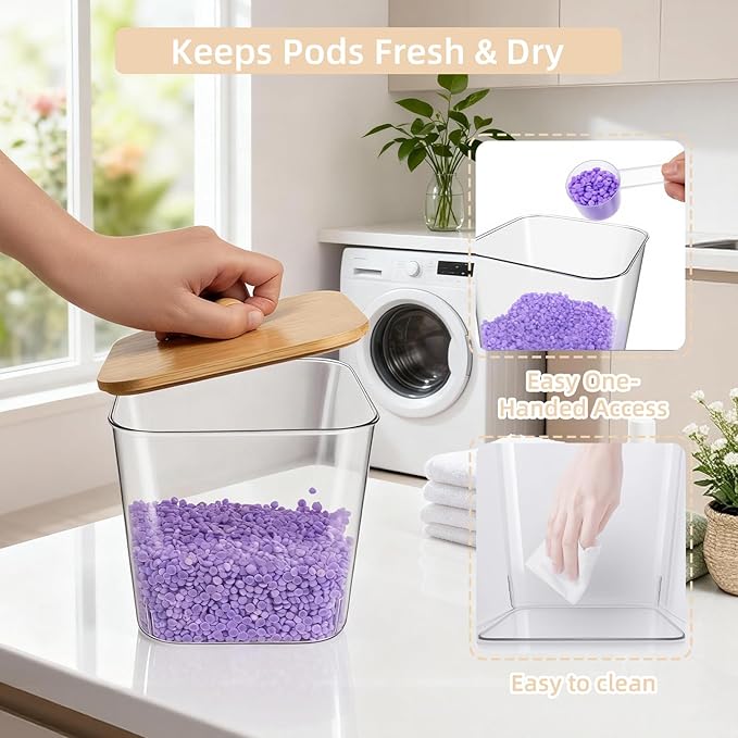 Laundry Pods Container & Dryer Sheet Holder, 4Pack Laundry Room Organization and Storage, Laundry Detergent Power Container with Bamboo Lids, 24 Labels, Scoop