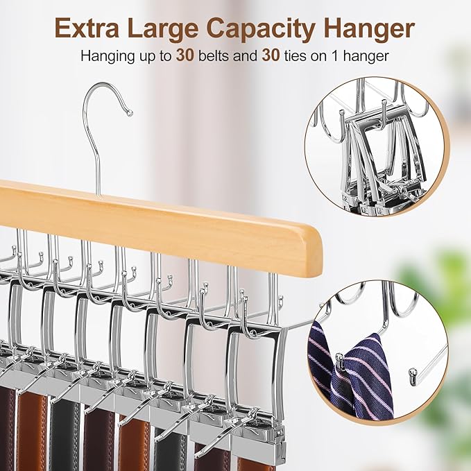 TOPIA HANGER 2 Pack 2 in 1 Belt Tie Hanger for Closet Max 60 Belts with 60 Ties Capacity, 20 Hooks Belt Tie Racks Wooden Hanger for Closet Organizer Space Saving “U” Fit Belt and “一” Fit Tie - CT59N