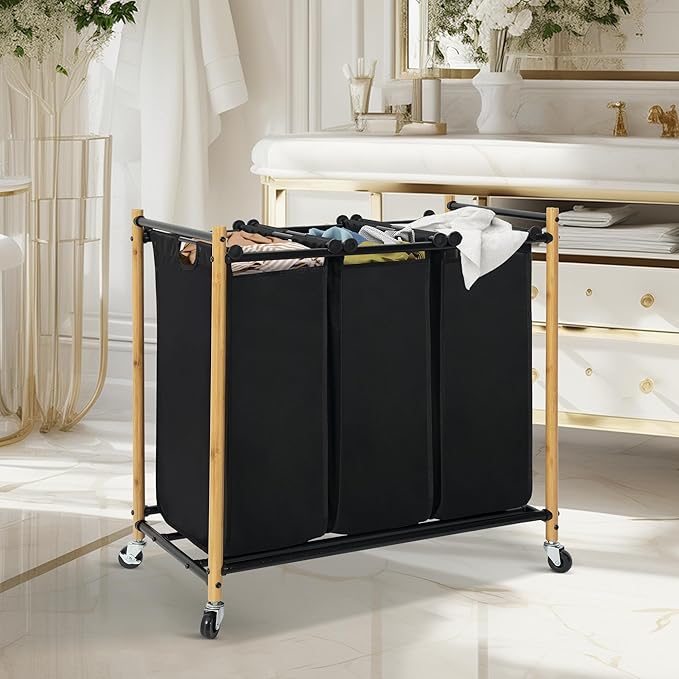 Laundry Sorter Hamper with Wheels, Heavy-Duty Laundry Basket Sorter Rolling Cart with Lockable Wheels and Removable Bags, Laundry Cart 3 Sections, Bamboo